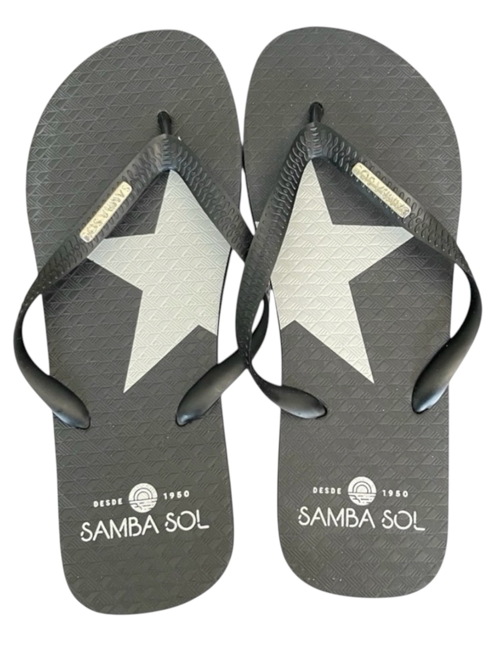 NWOT Samba Sol Black/White Silver Star Flip Flops (US 11/12)
